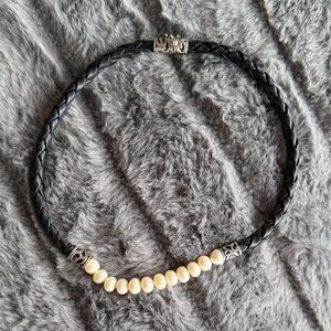 Honora 925 sterling silver pearl and black braided leather choker necklace
